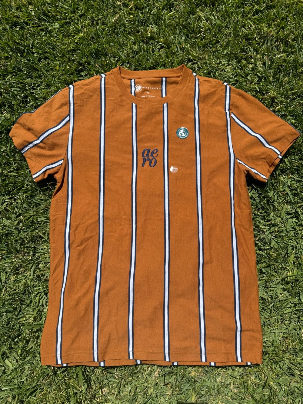Aeropostale Orange And Navy Blue Mens Striped T-shirt Size Medium